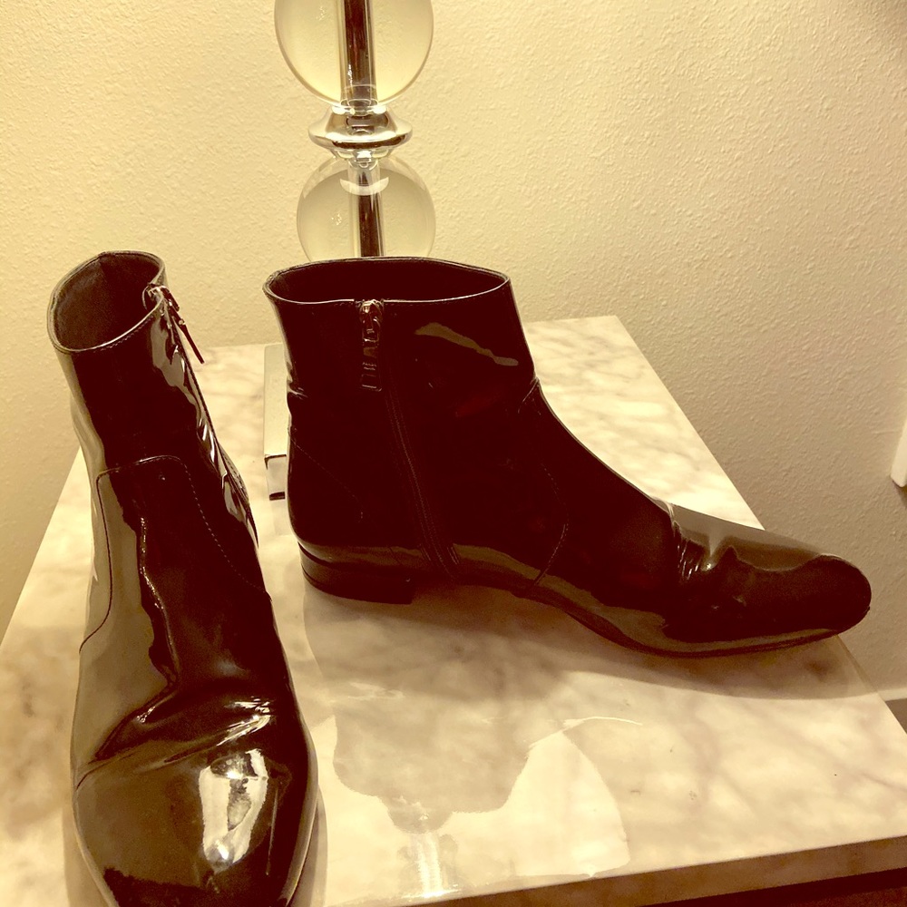 Prada Black Patent Leather Gloss ankle Boots.